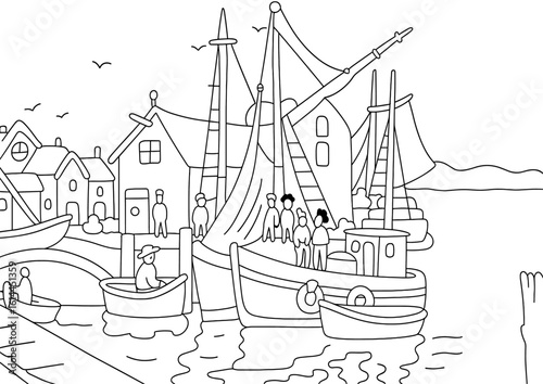 Coloring page of a harbor scene with boats and houses for kids fun