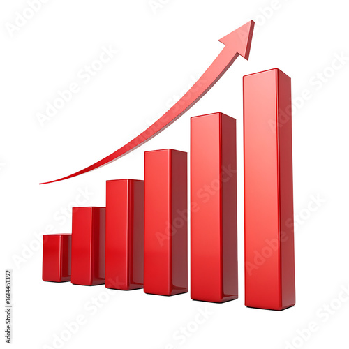Free Download A 3D bar graph with seven red bars of increasing height, visually representing growth or positive progression. A prominent red arrow curves upwards from left to right. - GFXLoad