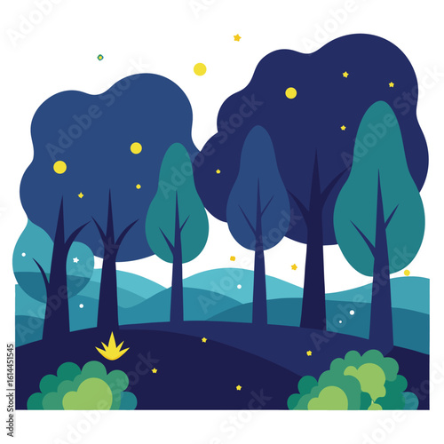 Magical starry night forest clearing with glowing fireflies
