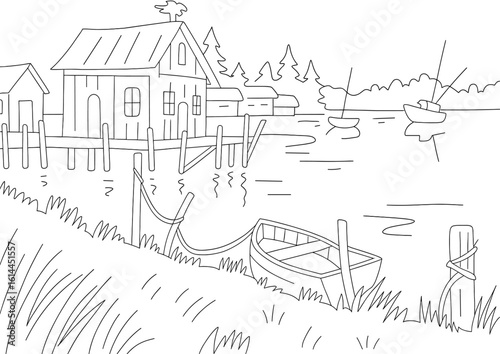 Coloring page of lake house with boats and dock for kids and adults