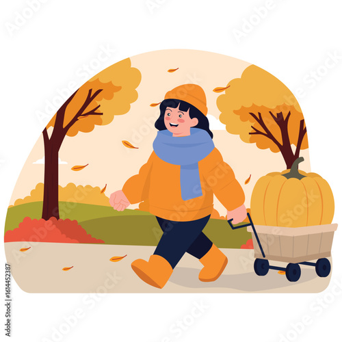 Autumn Illustration. Vector illustration of A woman in warm clothes walks through the park pulling a large pumpkin cart during the fall season. Isolated on background
