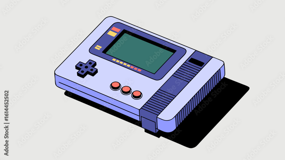 Fototapeta premium Retro handheld video game device, stylized illustration, isometric view.