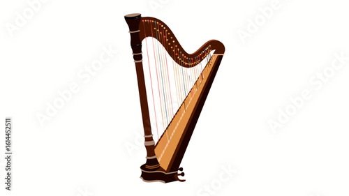 A meticulously detailed illustration of a classic harp, showcasing its elegant curves and intricate string design.