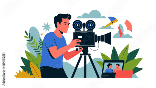 A filmmaker operates a vintage camera on a tripod, capturing a scene with digital elements.