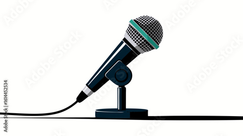 Illustration of a microphone on a stand with a cable, set against a plain white background.