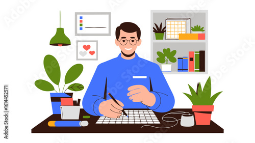 Smiling man works at home office desk, surrounded by plants and stationery.