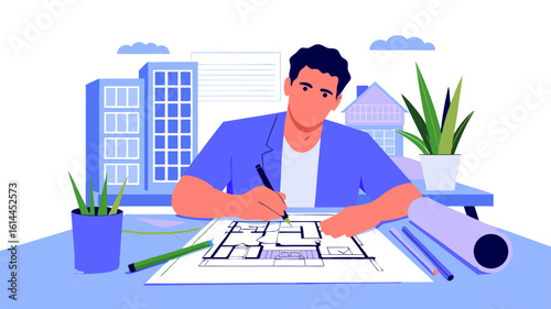 Focused architect meticulously designs a detailed floor plan, surrounded by urban buildings and plants.