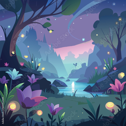 Enchanting twilight fairy meadow with glowing flowers and soft light