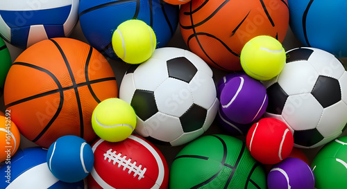 Get Ready to Play with this Colorful Assortment of Sports Balls including Basketballs, Soccer Balls, Tennis Balls, Volleyballs, and Footballs for all your Team Spirit and Athletic needs