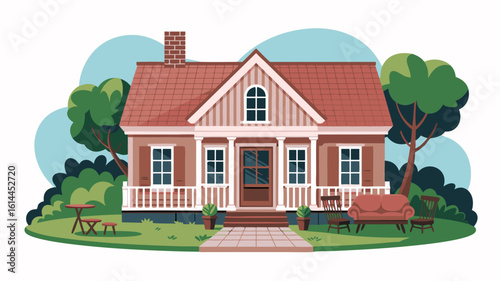 Charming suburban house with red roof, porch, and lush green landscaping.