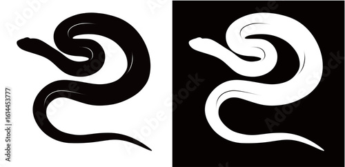 silhouette of a python isolated on a black and white background. Dangerous wild reptile.