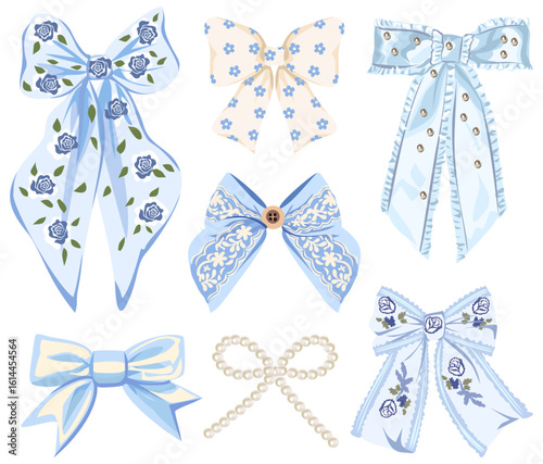 Elegant Hand Drawn Blue and cream Bows Vintage Accessory Collection