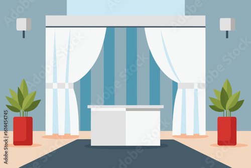 Modern reception desk with white curtains and potted plants
