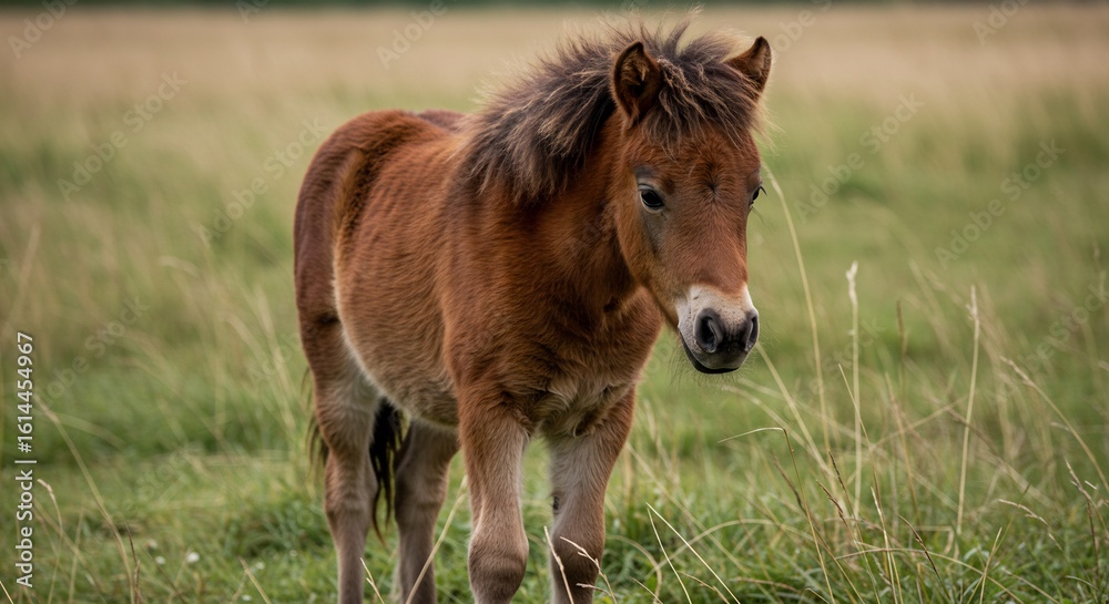 Fototapeta premium 草原に立つ小さな馬 優しい光に包まれ穏やか. AI Generated