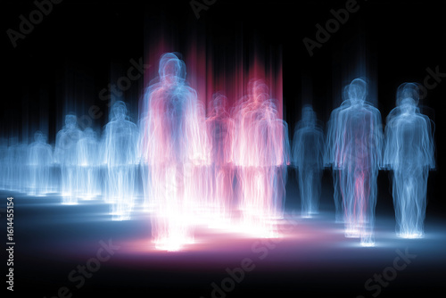 A crowd of glowing abstract figures with red and blue energy auras