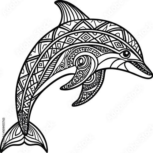 Detailed Dolphin Illustration with Intricate Geometric and Swirling Patterns for Coloring Book
