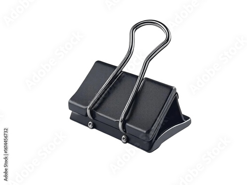  Black binder clip with silver arms, realistic shadow, isolated on white background