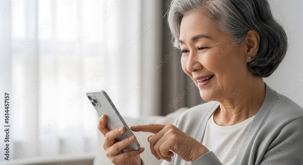 Cheerful elderly Asian woman sitting at home using a modern smartphone, smiling while connecting with family online. Cheerful elderly Asian woman sitting at home using a modern smartphone, smiling while connecting with family online.