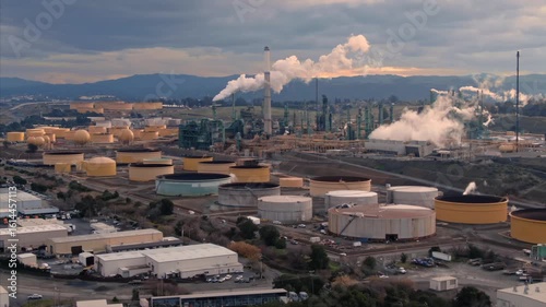 Benicia Refinery, Benicia, California, USA, with storage tanks and processing units. The facility refines crude oil into gasoline and other petroleum products.