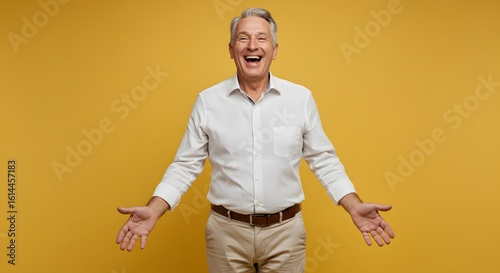 Joyful senior man with arms open wide, laughing heartily, radiating warmth and welcome on a bright yellow background.