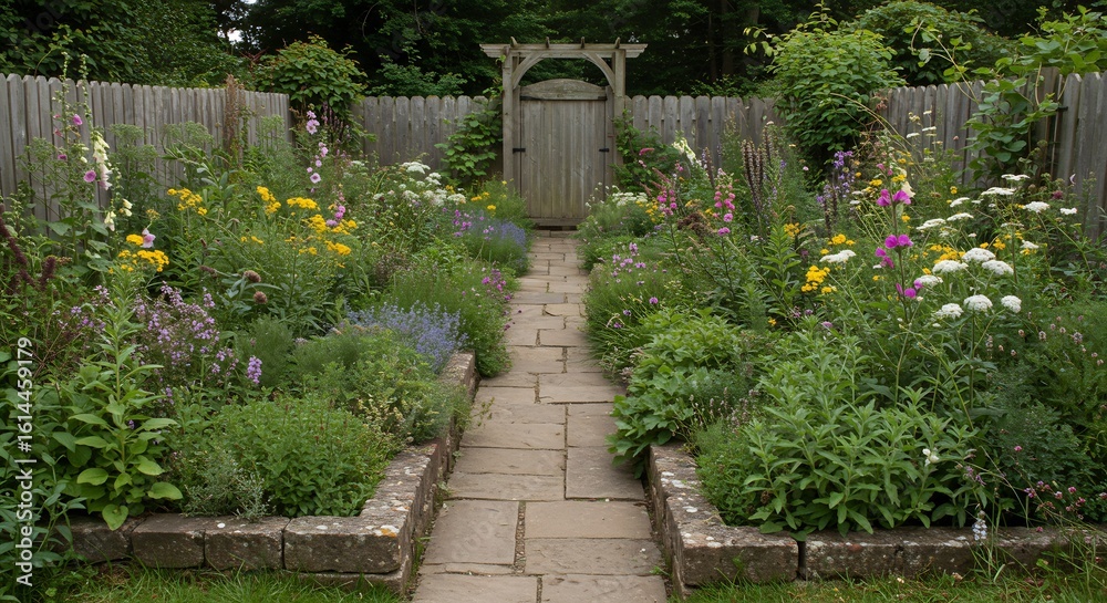 Fototapeta premium 緑輝くハーブガーデン 優しい日差し降り注ぐ 石畳の小道. AI Generated