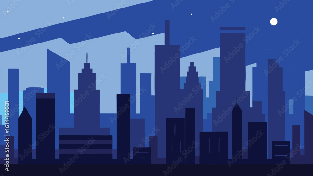 Fototapeta premium Modern city skyline silhouette at dusk with blue hues