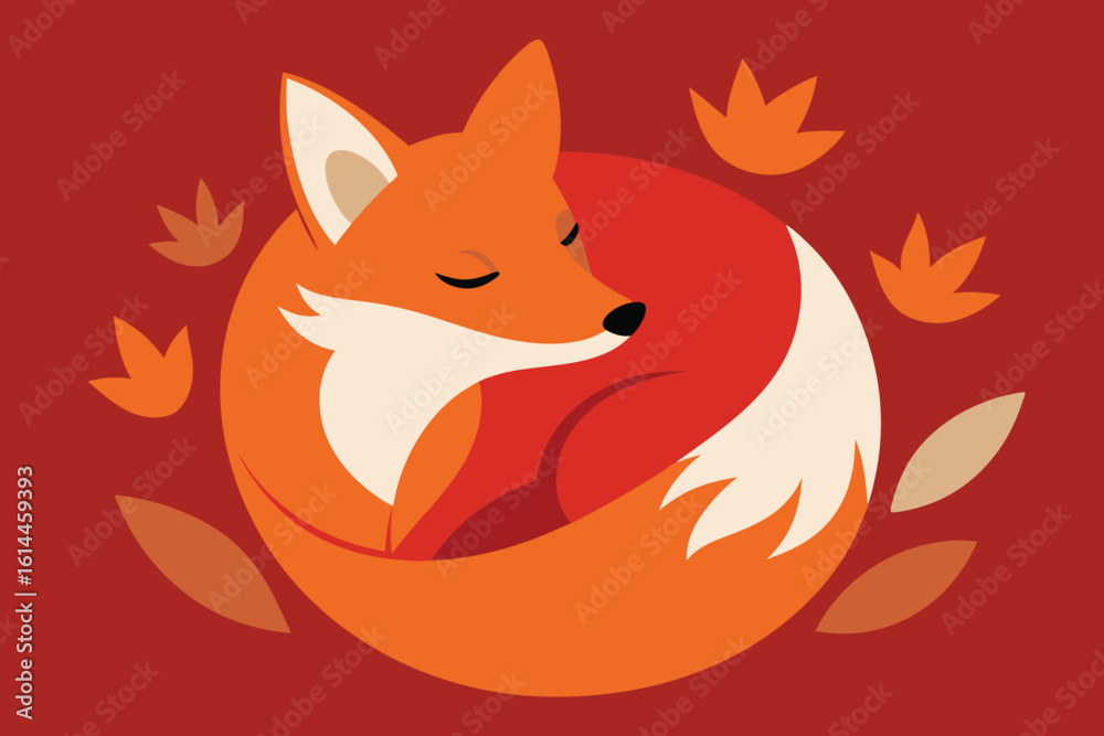 Obraz premium Cute sleeping fox curled up with autumn leaves