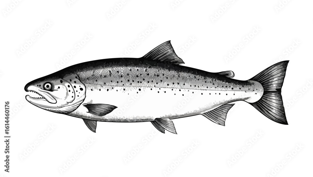 Fototapeta premium Hand drawn salmon fish, Fish Anatomy Illustration – Detailed Black and White Drawing of Streamlined Marine Animal