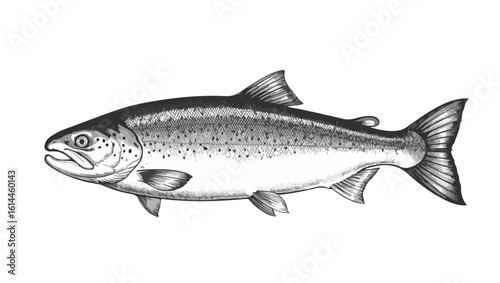 Hand drawn salmon fish, Fish Anatomy Illustration – Detailed Black and White Drawing of Streamlined Marine Animal