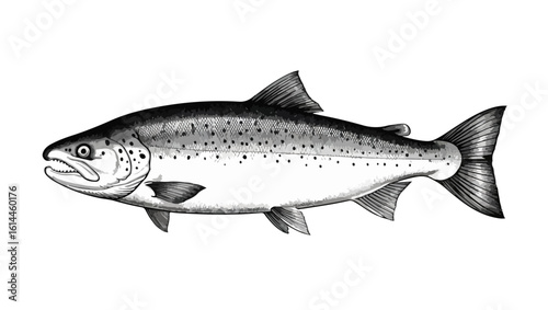 Hand drawn salmon fish, Fish Anatomy Illustration – Detailed Black and White Drawing of Streamlined Marine Animal
