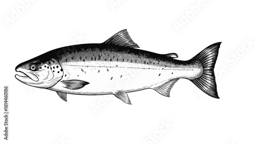 Hand drawn salmon fish, Fish Anatomy Illustration – Detailed Black and White Drawing of Streamlined Marine Animal