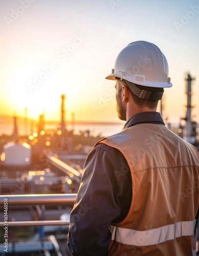 Industrial worker observes refinery sunset