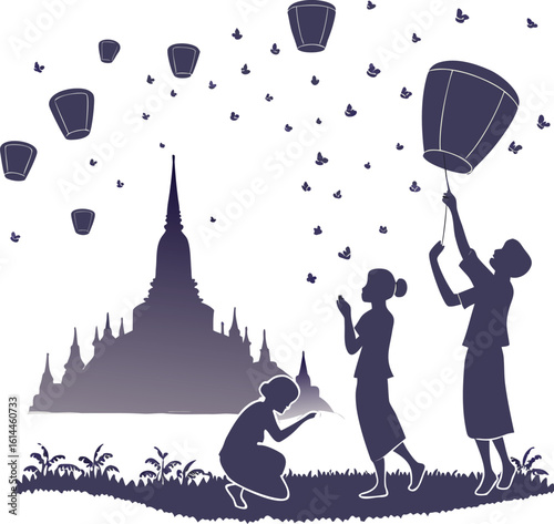 thai culture lantern festival temple silhouette