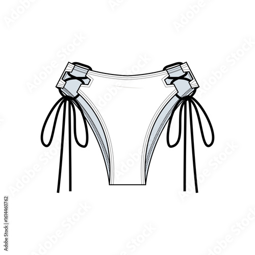 High-Waisted Bikini Bottom Technical Fashion Illustration. Front View. Ruched Tie-Side Swim Brief Vector Template. Flattering Fit. Y2K Swimwear. CAD Mockup.