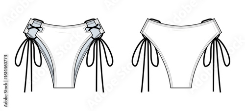 High-Waisted String Bikini Bottom Technical Fashion Illustration. Tie-Side Bikini Briefs Vector Template. Front and Back View. Y2K Swimwear. Women’s Beachwear. CAD Mockup Set.
