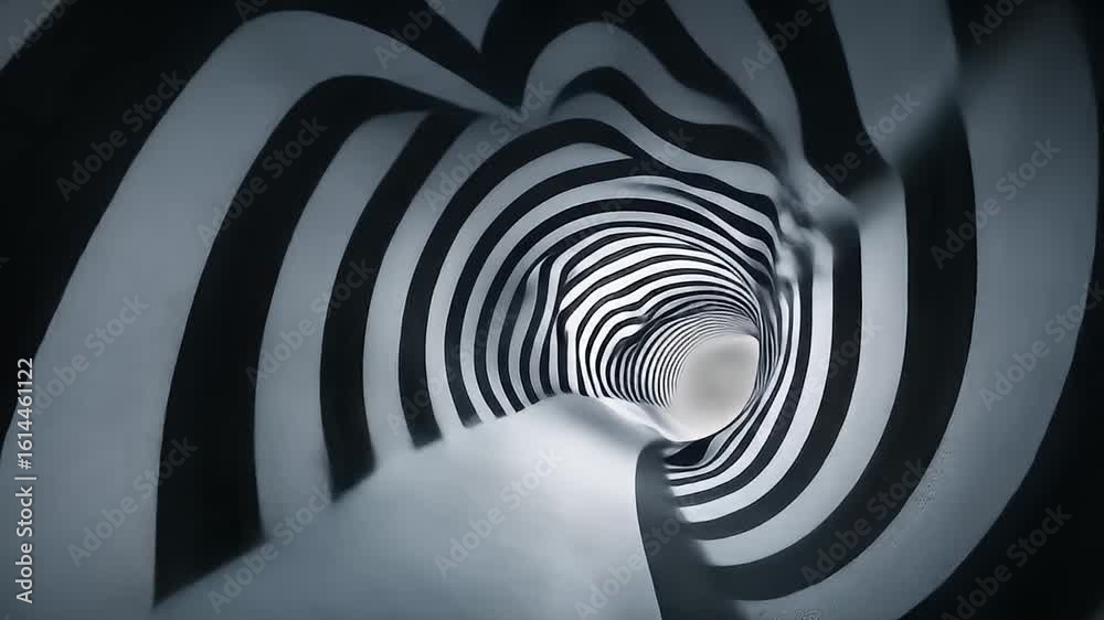 Distorted, black and white striped tunnel perspective leading to bright light at end