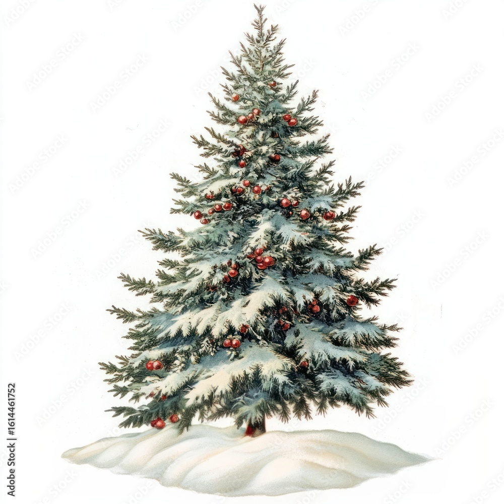 Fototapeta premium Christmas tree illustration snow-covered decoration.