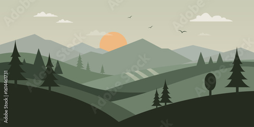 Flat Nature Landscape with Mountains, Forest, and Sunrise Scene.
