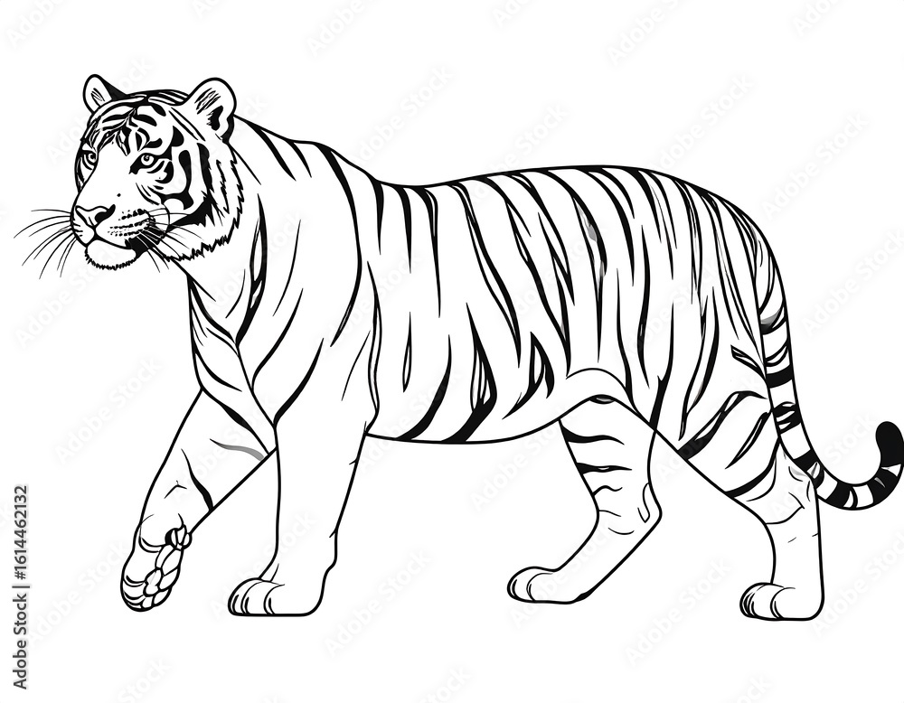 Naklejka premium Black and white line drawing of a tiger