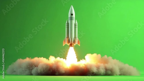 Rocket launching against a green screen background, with a red nose cone and white body, begins its ascent with bright flames and thick smoke billowing