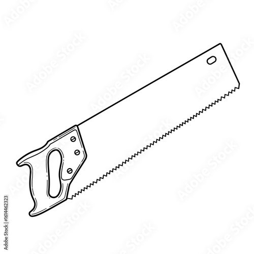 Illustration of a hand saw with a wooden handle and a metal blade with jagged teeth design tool object