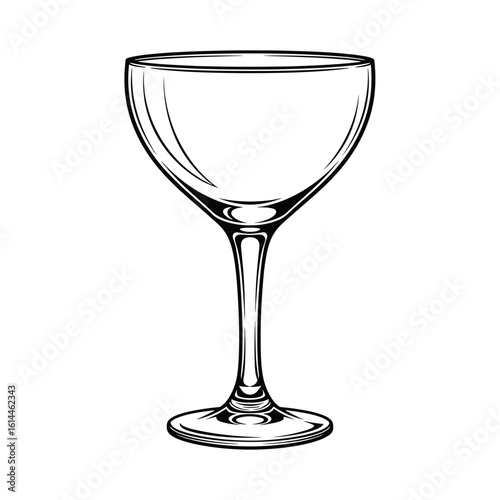 Elegant coupe glass with a slender stem and rounded bowl in a detailed line drawing illustration style