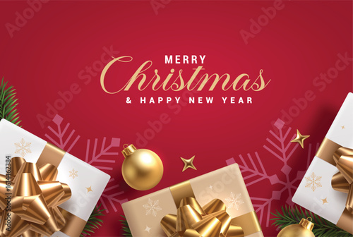 Merry Christmas greeting card red clipart. Christmas and happy new year greeting and wishes card clip art with elegant gift boxes and xmas balls decoration in red background vector illustration.

