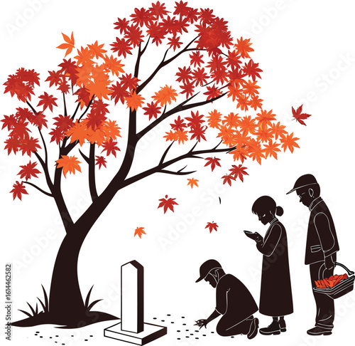 family visiting grave under autumn maple tree