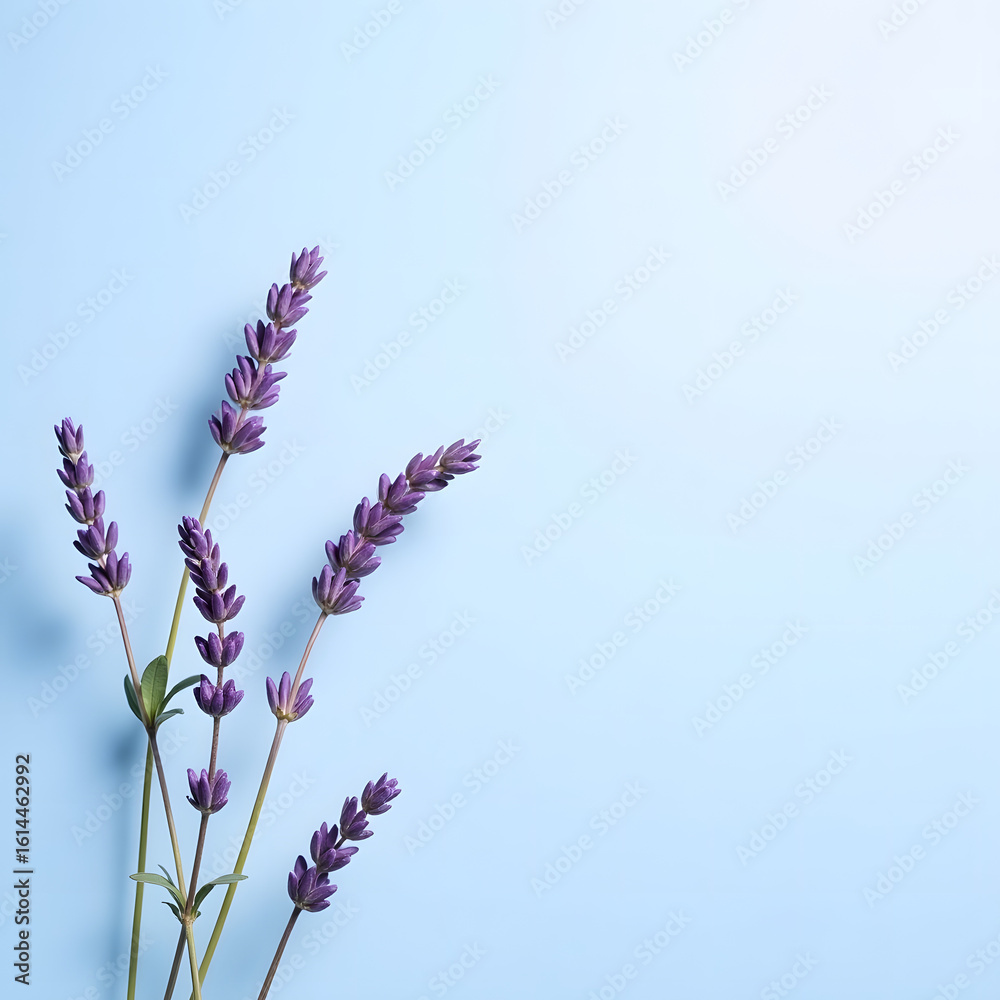 Naklejka premium Sunlit Lavender Sprigs Casting Soft Violet Shadows on Blue Background