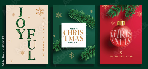 Merry Christmas greeting card poster clipart set. Christmas joyful wishes clip art template with xmas hanging balls and pine tree decoration elements in elegant banner collection vector illustration. 