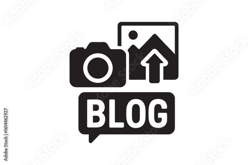 Camera and image upload blog silhouette vector art illustration on white background