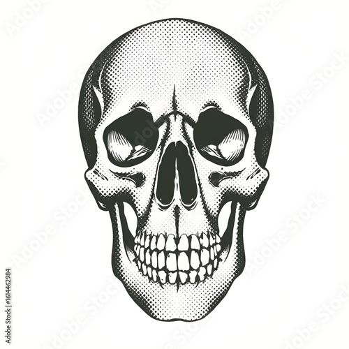 Stipple skull illustration with open jaw in halftone engraving style. Vintage dotted photocopy anatomy print for tattoo, academic visuals, alternative punk science design.
