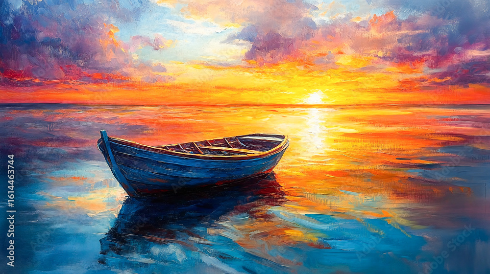 Fototapeta premium Impressionist seascape painting with boat and sun rays on canvas texture. Colorful abstract modern art for background