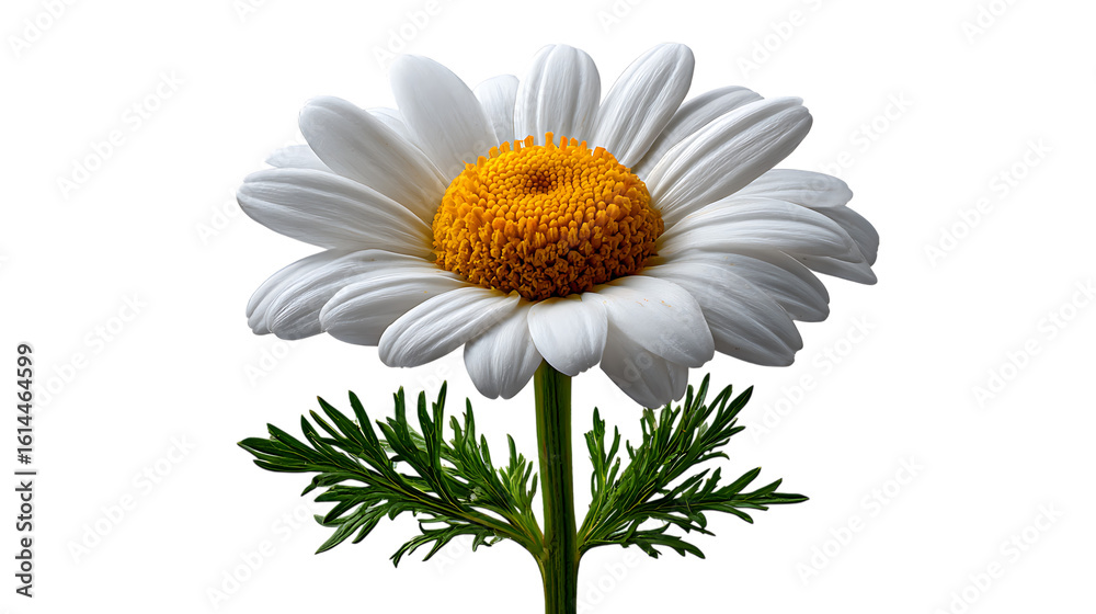 Fototapeta premium White daisy flower with green stem and leaves isolated on transparent background